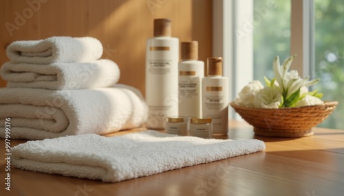 A neatly stacked set of white towels with spa products arranged beside them on a wooden surface near a window, representing relaxation and wellness. The image conveys a serene and calm atmosphere.