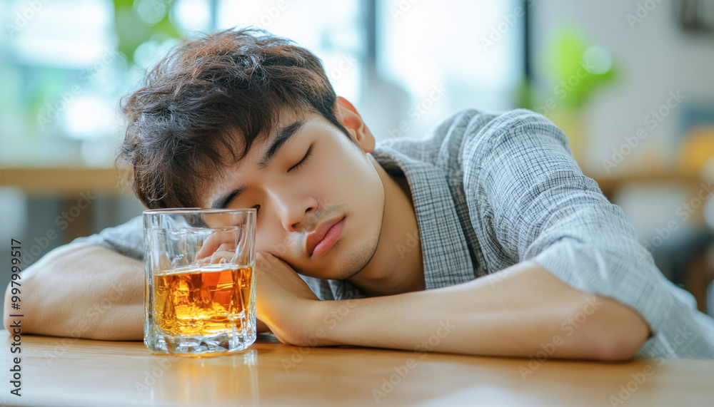 Young man sleeping at bar counter after drinking alcohol Young man sleeping at bar counter after drinking alcohol