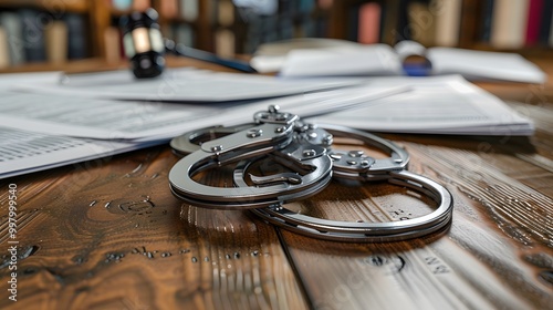 Handcuffs lying on a wooden table with police documents in the background