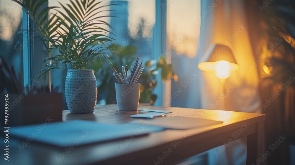 A serene Scandinavian-inspired workspace with wooden desk, soft lighting, and neutral stationery elements promoting focus and creativity A serene Scandinavian-inspired workspace with wooden desk, soft lighting, and neutral stationery elements promoting focus and creativity