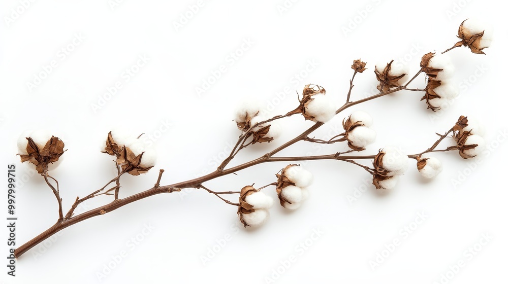 An isolated, white background highlights a lovely dried cotton branch with plush blooms. An isolated, white background highlights a lovely dried cotton branch with plush blooms.