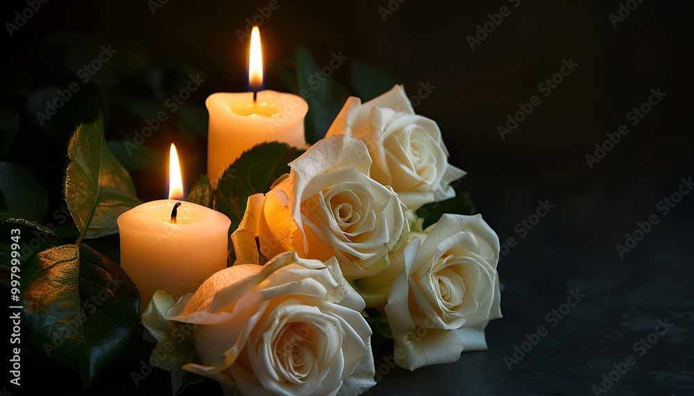 Lighted candle and elegant white roses arrangement on dark background. All souls day, Death, decrease, Prayer, Memirial Day, Duel, Mourning, Grave, Cemetery, Burial, Condolence, Cremation and funeral Lighted candle and elegant white roses arrangement on dark background. All souls day, Death, decrease, Prayer, Memirial Day, Duel, Mourning, Grave, Cemetery, Burial, Condolence, Cremation and funeral