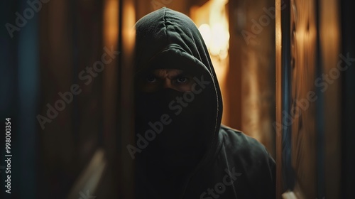 Masked burglar sneaking through a dark room