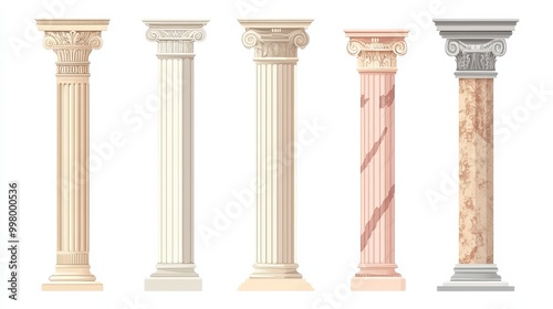 Ancient Greek and Roman architectural columns, isolated vector illustrations. Antique classic pillars, Greek pillars, historic podiums.