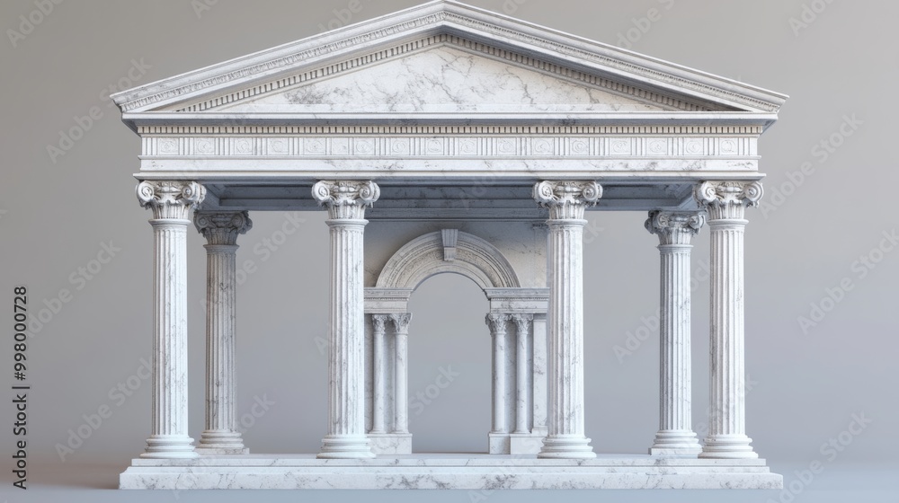 Obraz premium Ancient Greek and Roman architectural temple with columns, a roof, and an arched frame. The temple is made of white marble and is isolated on a background.