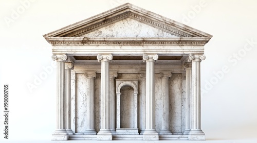 Ancient Greek and Roman architectural temple with columns, a roof, and an arched frame. The temple is made of white marble and is isolated on a background.