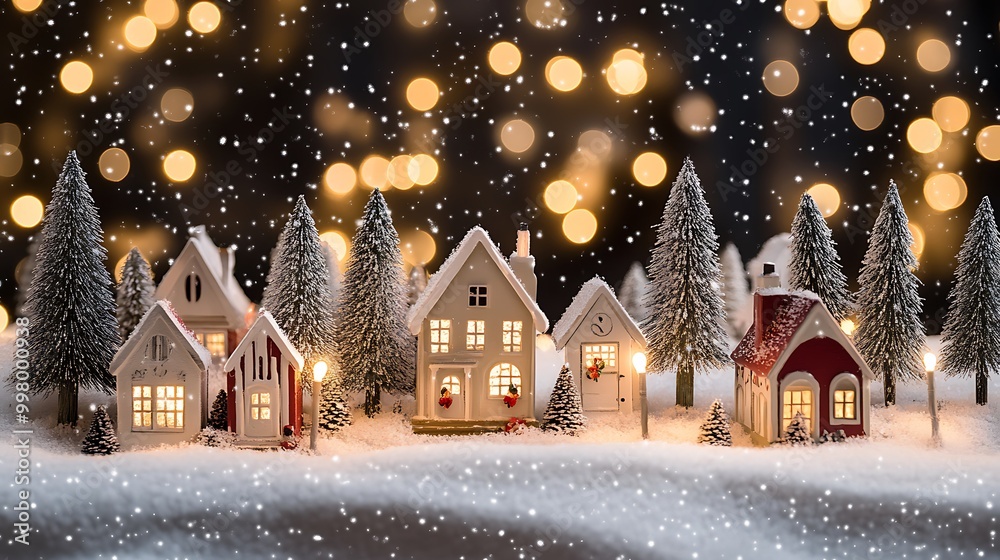Christmas village with twinkling lights on a blank white page Christmas village with twinkling lights on a blank white page