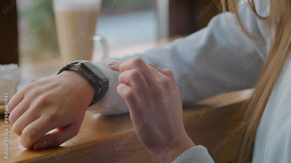 Woman using smartwatch touchscreen wearable technology device. Closeup. Pretty girl making gestures on a smartwatch computer device.