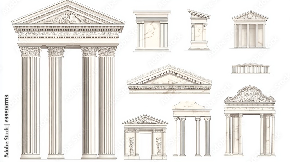 Ancient Greek or Roman marble columns, pediments, and vintage architecture. Linear vector illustrations of building facades on a white background. Ancient Greek or Roman marble columns, pediments, and vintage architecture. Linear vector illustrations of building facades on a white background.