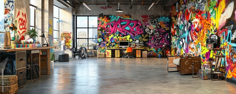 Home office with an urban graffiti theme, featuring vibrant wall murals, industrial furniture, and a concrete floor Edgy and expressive Home office with an urban graffiti theme, featuring vibrant wall murals, industrial furniture, and a concrete floor Edgy and expressive