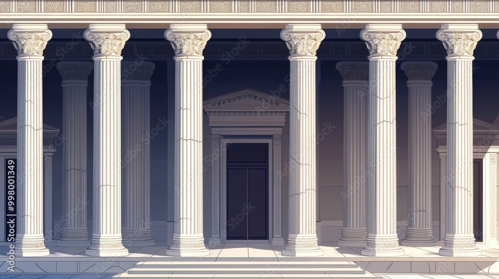 Ancient Greek temple with pillars. Vector realistic antique building front with white marble arches and columns in Doric style. Background with Roman palace entrance. Ancient Greek temple with pillars. Vector realistic antique building front with white marble arches and columns in Doric style. Background with Roman palace entrance.