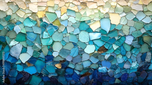 Intricate mosaic of jagged sea glass, chaotic yet beautiful, mimicking a rocky coastline, bright turquoise mixed with deep blue shards catching the light