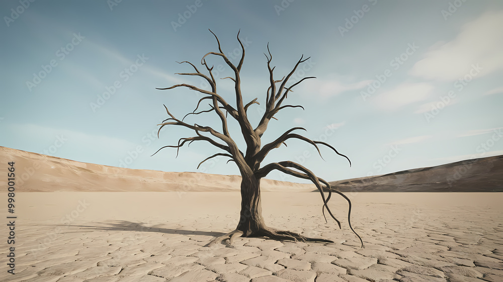 A Dead Tree Standing Alone in a Desert Landscape, Symbol of Extinction A Dead Tree Standing Alone in a Desert Landscape, Symbol of Extinction