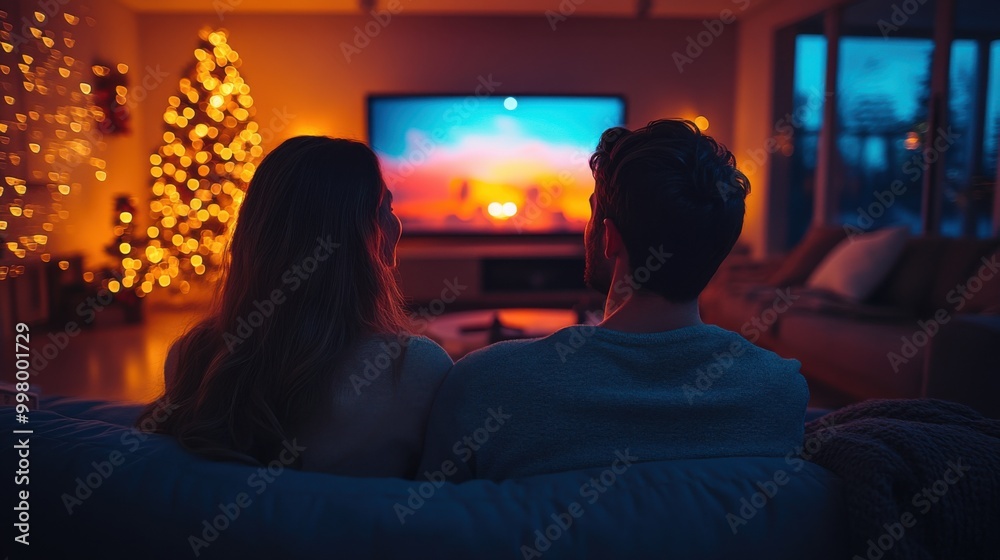 Cozy Christmas Movie Night in Modern Smart Home - Couple Enjoying Holographic Films with Sony A7S III in Warm Ambiance Cozy Christmas Movie Night in Modern Smart Home - Couple Enjoying Holographic Films with Sony A7S III in Warm Ambiance