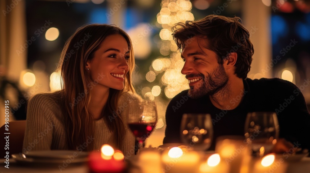 Modern Christmas Eve Romance: Couple Dining in Futuristic Home with Smart Lighting and Cozy Atmosphere Modern Christmas Eve Romance: Couple Dining in Futuristic Home with Smart Lighting and Cozy Atmosphere