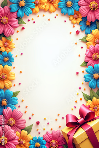 Greeting card. Beautifully decorated frame with a large, empty center, surrounded by colorful flowers and dots, and adorned with a red ribbon at the bottom.