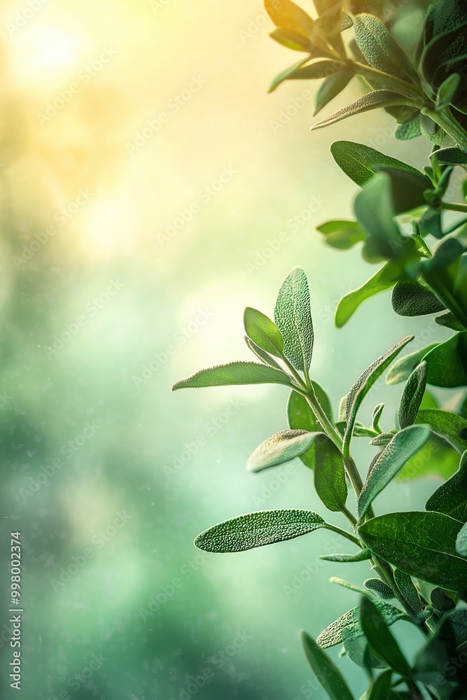 © Roman Corneev - A gentle abstract background featuring fresh green herbs with soft light and subtle bokeh effects, creating a serene atmosphere