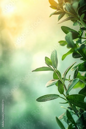A gentle abstract background featuring fresh green herbs with soft light and subtle bokeh effects, creating a serene atmosphere