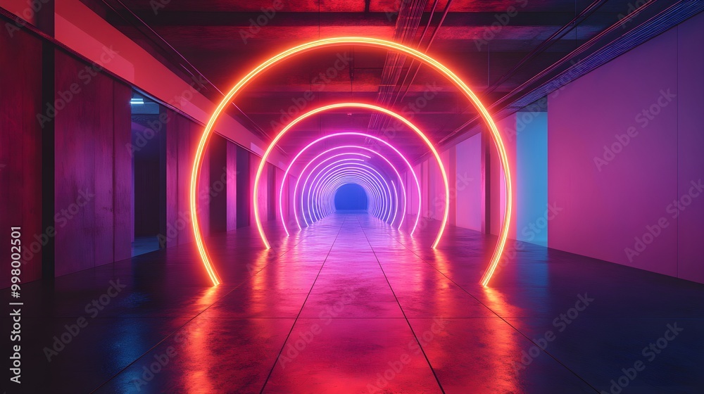 A futuristic art installation with mirrors arranged in a perfect circle, reflecting beams of colored light that seem to stretch into infinity. Futuristic, Minimalist, Neon, Clean design A futuristic art installation with mirrors arranged in a perfect circle, reflecting beams of colored light that seem to stretch into infinity. Futuristic, Minimalist, Neon, Clean design