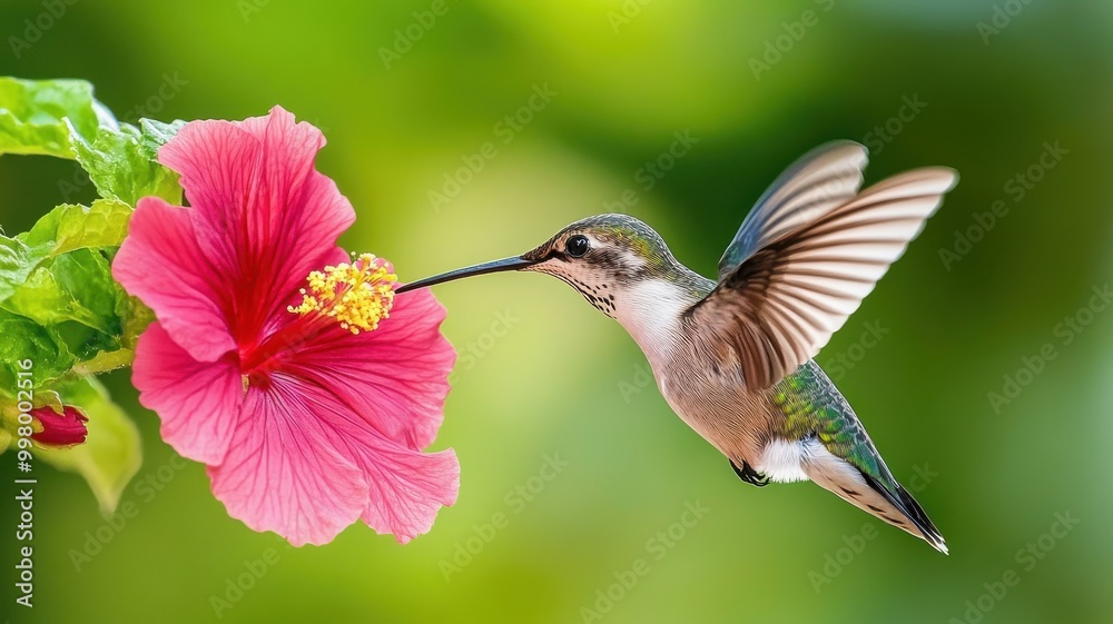 Fototapeta premium Hummingbird hovering near a vibrant hibiscus flower, soft green background.