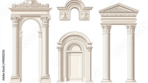 Antique architectural vector elements: Roman arch, Greek temple door frame, and Corinthian columns for vintage construction or interior design.