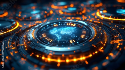 Wallpaper Mural A futuristic circular arrangement of sleek, metallic clocks, each glowing with holographic numbers, representing global time zones, against a dark space background. Futuristic, Hologram, Metallic Torontodigital.ca