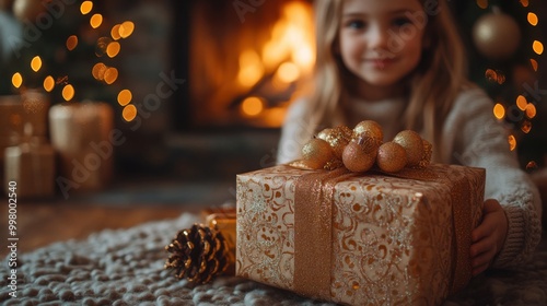 Cozy Christmas Morning: Family by Holographic Fireplace Sharing Gifts in Warm Holiday Atmosphere captured with Nikon Z7 II Camera photo