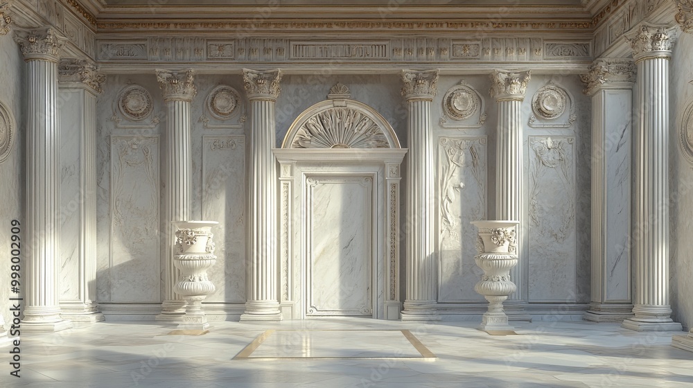 Obraz premium Antique Greek marble temple interior with a white stone Roman column arch entrance door, a decorative vase, and baroque sculpture.