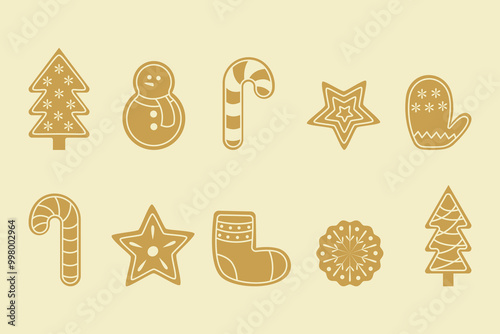 A set of traditional, Christmas, ginger cookies. Snowman, sock, candy cane, star, mitten.