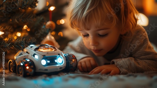 Futuristic Christmas Fun: Child with Smart Toy Robot in Modern Home Setting Amid Vibrant Family Colors | Close-Up Sony A7R IV Capture photo