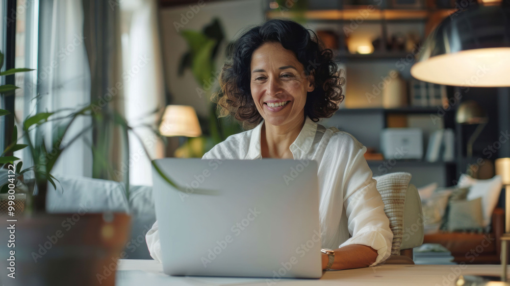 Fototapeta premium woman with curly hair smiles while working on laptop in cozy, well lit home office. warm atmosphere is enhanced by indoor plants and stylish decor, creating welcoming environment