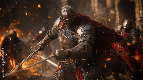 Knight in armor with sword, fierce battle scene, dynamic action. photo