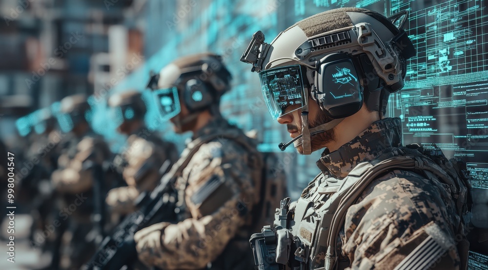 An advanced military unit with soldiers wearing smart helmets, displaying holographic data and augmented reality visuals around them, highlighting the integration of technology in modern warfare. An advanced military unit with soldiers wearing smart helmets, displaying holographic data and augmented reality visuals around them, highlighting the integration of technology in modern warfare.