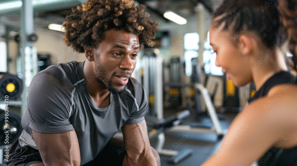 fitness trainer is engaging with client in gym setting, providing guidance and support during workout session. atmosphere is motivational and focused on health and fitness fitness trainer is engaging with client in gym setting, providing guidance and support during workout session. atmosphere is motivational and focused on health and fitness