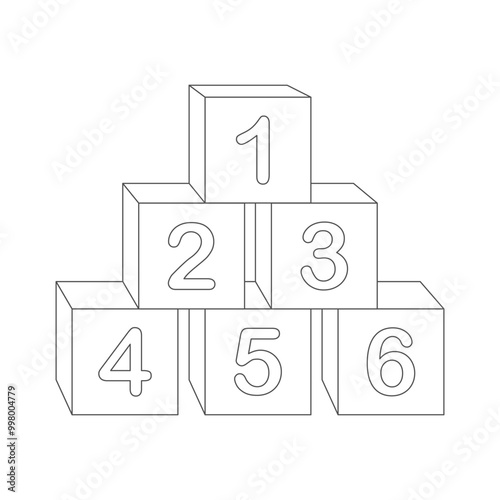 Cubes with numbers. Educational game for kids. Coloring page for children. Black and white image for painting.