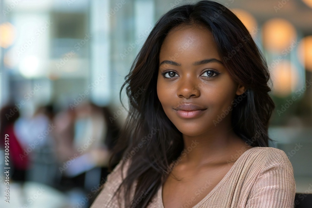 Young African American woman sitting confidently at an interview with a diverse group of business consultants in a modern office setting. Young African American woman sitting confidently at an interview with a diverse group of business consultants in a modern office setting.