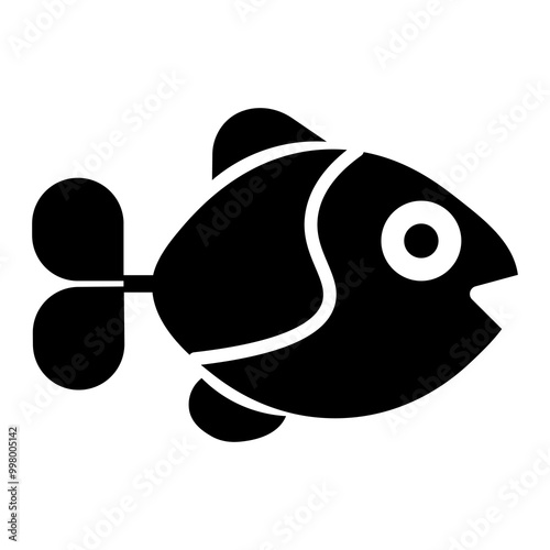 Fish icon with two large fins and open mouth, bold black shape, aquatic life, minimalistic representation, smooth curves, clear lines, marine creature, simple design, soft edges.