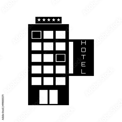 Five-star hotel icon, rectangular windows, vertical structure, black and white color, large sign on the side, clear minimalist design, modern look, symmetrical shape, clear edges.