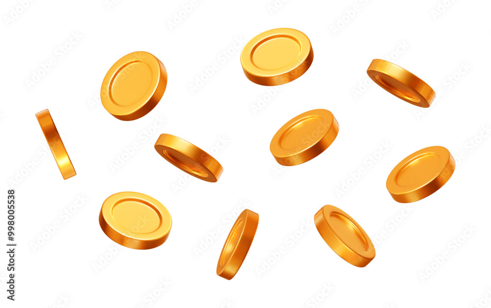 3d flying gold shiny coins on white isolated background. Rich or casino luck concept. Precious expensive treasure. Stock vector illustration.	