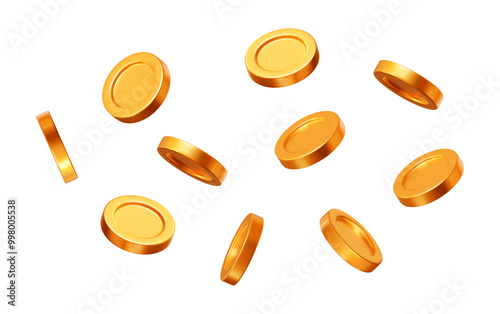 3d flying gold shiny coins on white isolated background. Rich or casino luck concept. Precious expensive treasure. Stock vector illustration.	