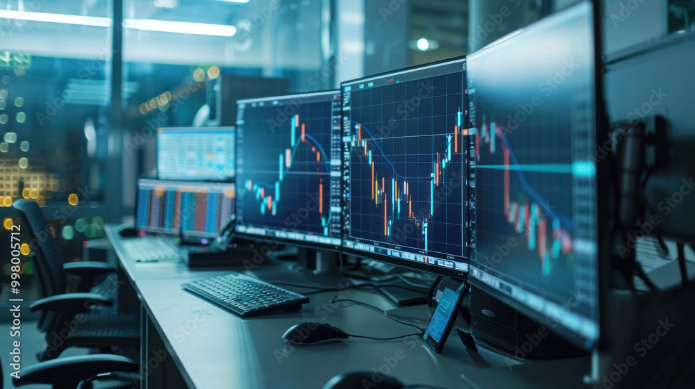Fototapeta premium modern trading desk featuring multiple monitors displaying financial charts and data, creating dynamic and focused atmosphere for analysis and decision making