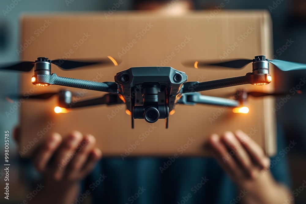 Obraz premium Close up of hands holding a drone in a warehouse highlighting the precision of drone handling in automated logistics environments for inventory management