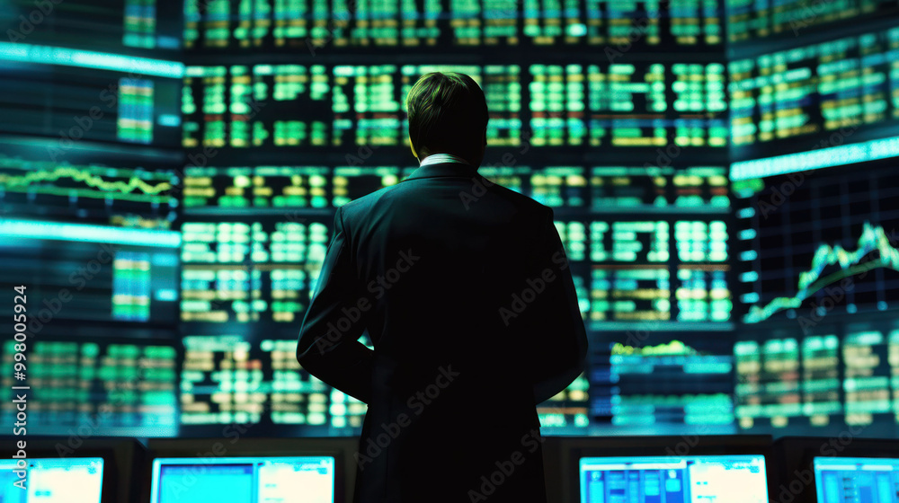 image depicts business professional observing financial data on multiple screens, conveying sense of focus and analysis in trading environment image depicts business professional observing financial data on multiple screens, conveying sense of focus and analysis in trading environment