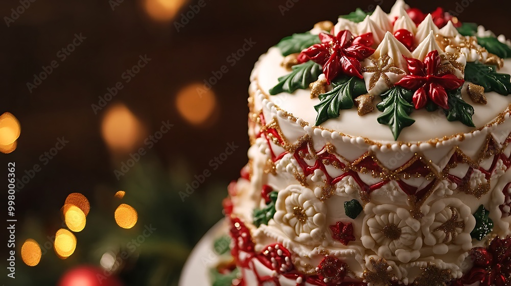 A richly decorated Christmas cake with layers of intricate icing