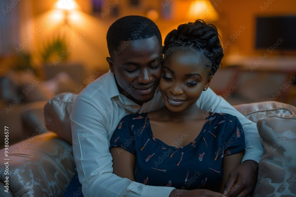 young African couple cuddling on the couch while watching their favorite soap opera on TV in their cozy living room. young African couple cuddling on the couch while watching their favorite soap opera on TV in their cozy living room.