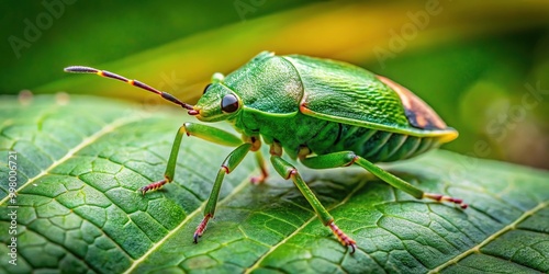 Fisheye green bug Chlorochroa pinicola on a leaf in the forest photo