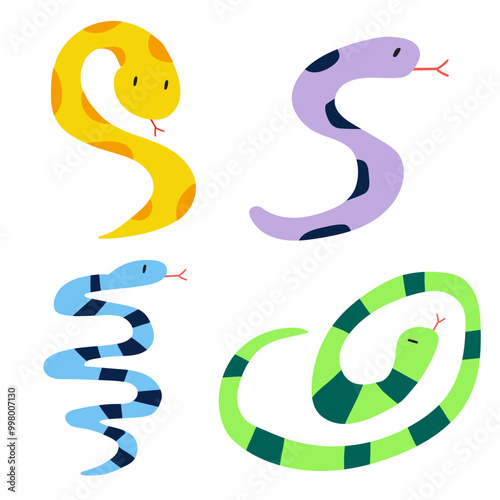 Collection of colorful snakes. Hand drawn design. Vector illustration on white background.