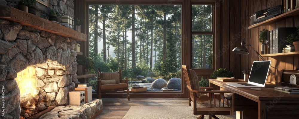 Home office with a cozy woodland cabin theme, featuring a stone fireplace, rustic wood furniture, and a window view of a forest Serene and inviting Home office with a cozy woodland cabin theme, featuring a stone fireplace, rustic wood furniture, and a window view of a forest Serene and inviting