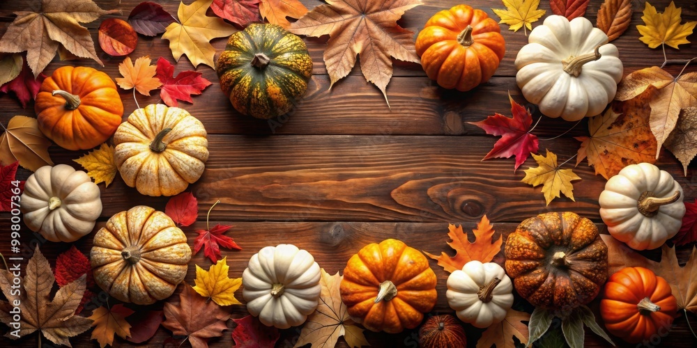 Seasonal arrangement of pumpkins and leaves on wooden background with copy space Seasonal arrangement of pumpkins and leaves on wooden background with copy space