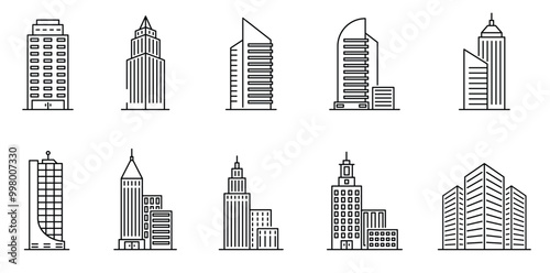 Line buildings. urban architecture, skyscrapers. hotel, university and bank, city library line art downtown building icons vector set. architecture estate, urban building, bank and skyscraper
